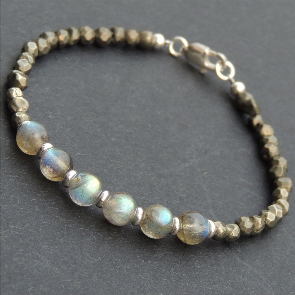 Men’s Labradorite Bracelet pyrite gemstone unisex jewelry - Picture 2 of 3